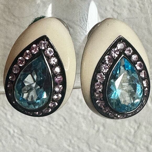 EFFY Sterling Silver Clip-On Earrings • Blue Topaz & Pink Accent Stones • Enamel - Picture 1 of 11